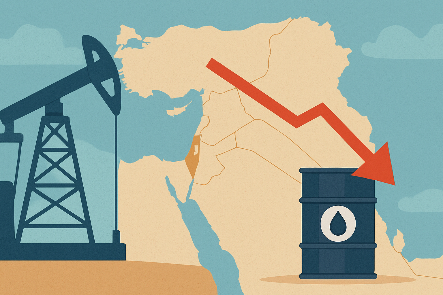 Illustration showing an oil rig beside a map of the Middle East with a red downward arrow pointing at an oil barrel, symbolizing falling oil prices.