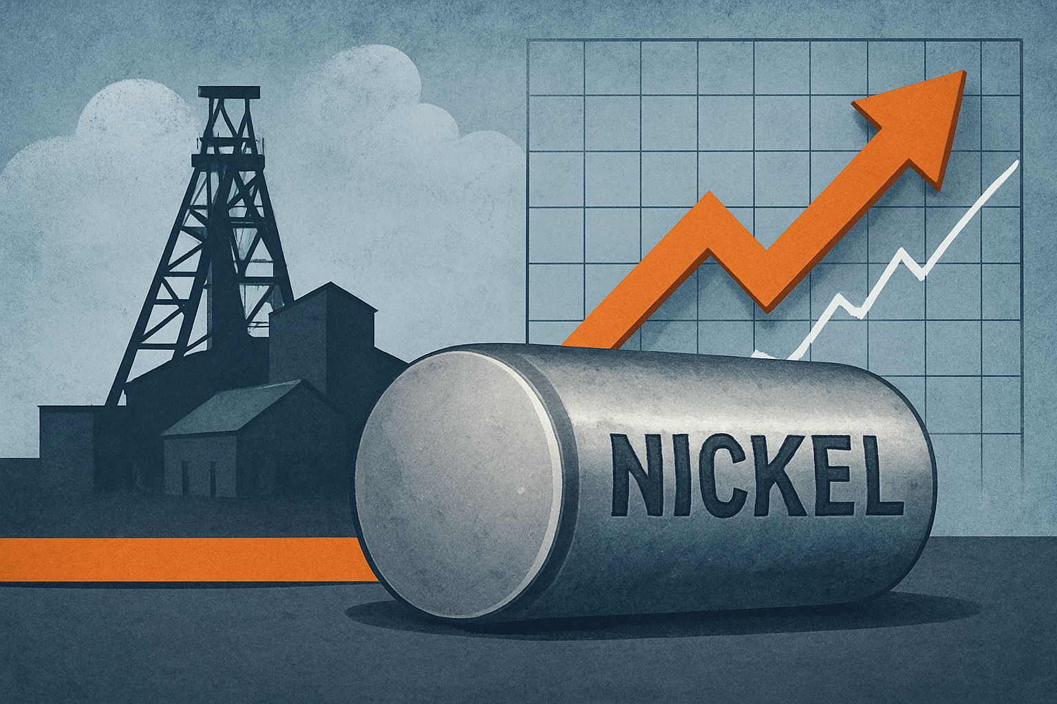 Illustration of a large nickel ingot in front of a mining facility and an upward-trending financial graph.