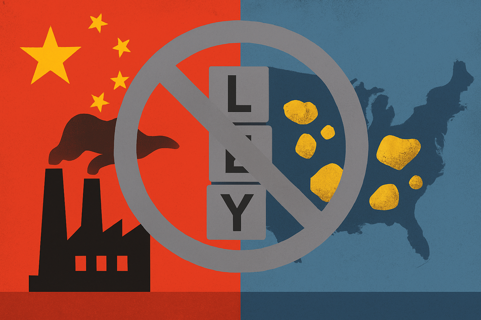Illustration showing China and the United States divided by a restriction symbol, symbolizing trade and export controls on rare earth elements.