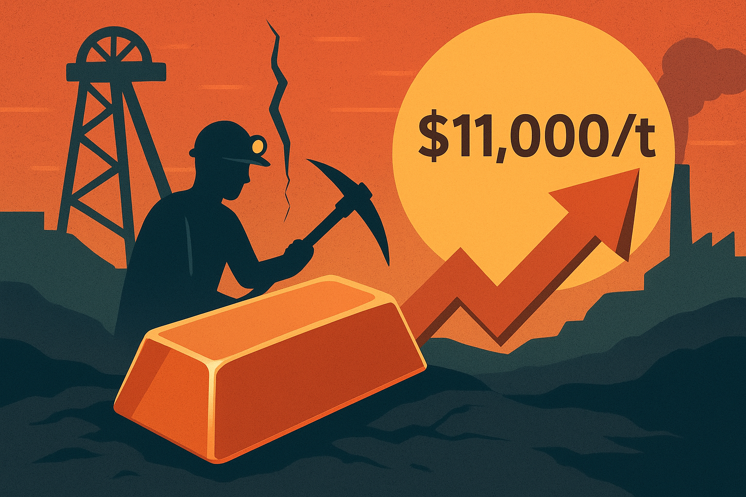 Illustration of a miner working near a copper ingot and an upward arrow symbolizing rising copper prices amid industrial disruption.
