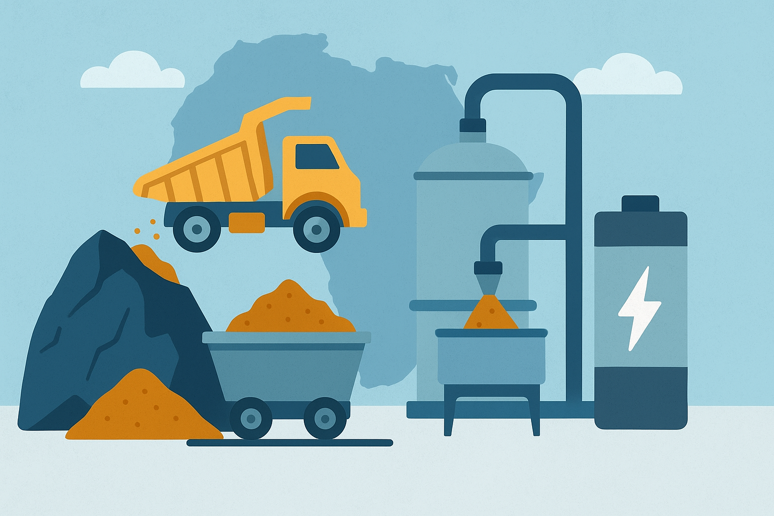 Illustration of manganese mining and beneficiation with trucks, ore piles, and a battery against the backdrop of the African continent.