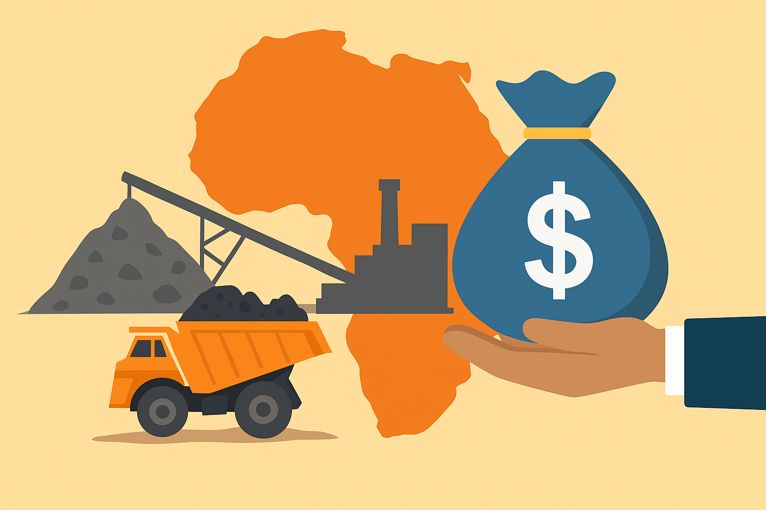 Illustration showing mining infrastructure and a hand holding a money bag over a map of Africa, symbolizing investment in mining ventures.