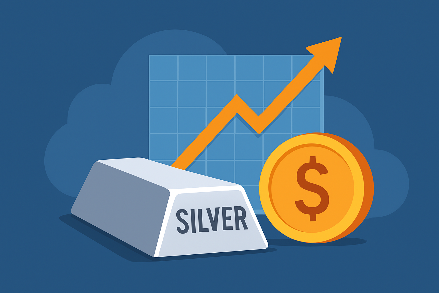 Illustration of silver bars and rising price arrows over a global market background, symbolizing record-breaking silver prices.