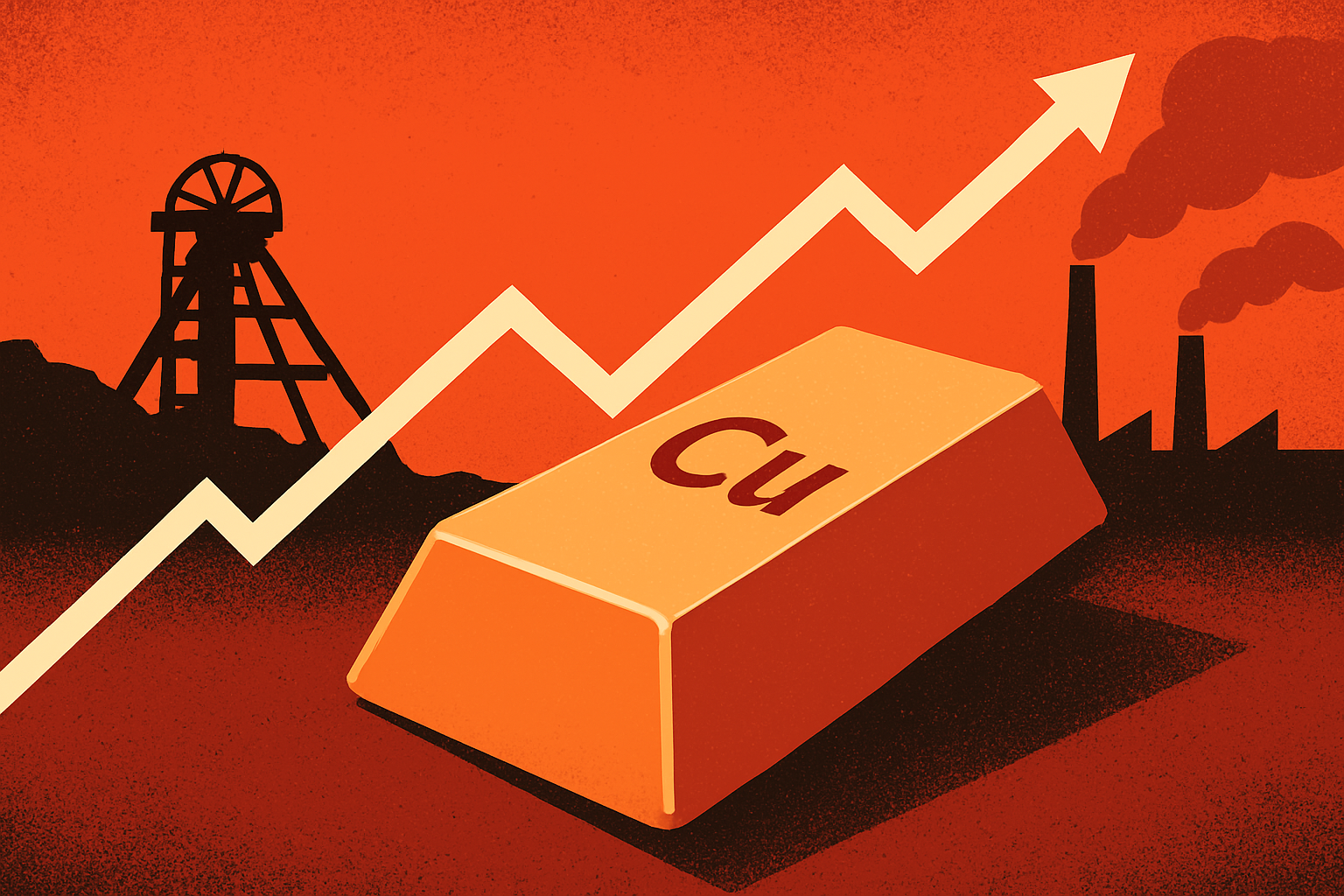 Illustration of a copper ingot with an upward-trending graph, mine shaft silhouette, and industrial background symbolizing rising copper prices.