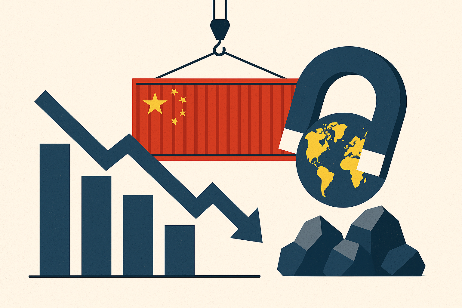 An illustration showing a red shipping container with the Chinese flag being lifted by a crane, a downward bar chart with a falling arrow, and a U-shaped magnet holding a globe over piles of dark mineral rocks.