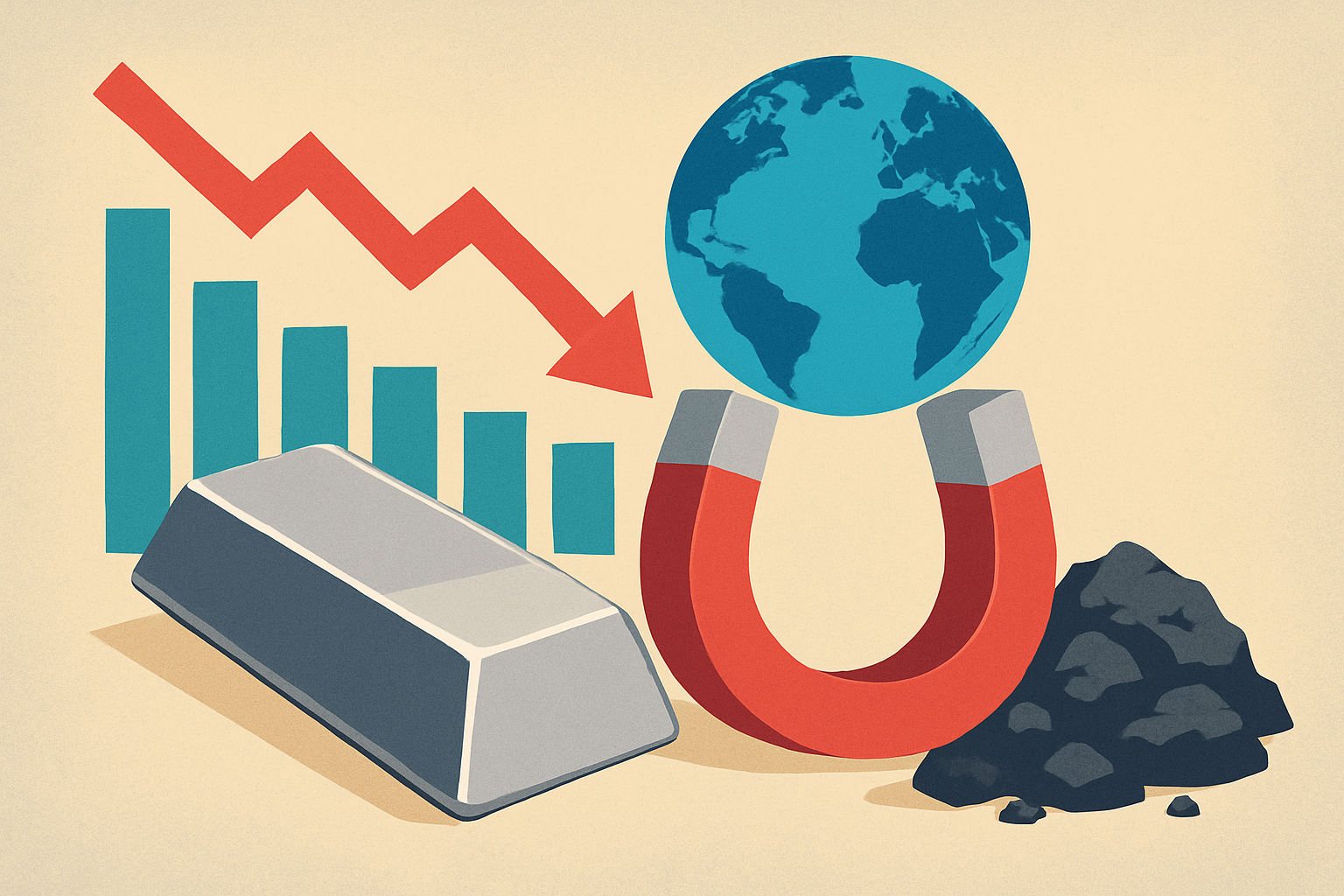 A digital illustration showing silver bars reflecting rising and falling market arrows, set against a metallic gradient background with hints of energy and industrial motifs.