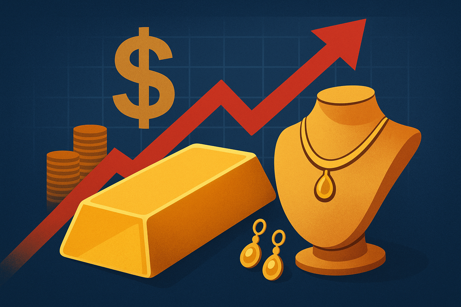A luxury gold necklace and watch displayed on a sleek black surface, symbolizing rising gold costs impacting high-end jewelry brands.