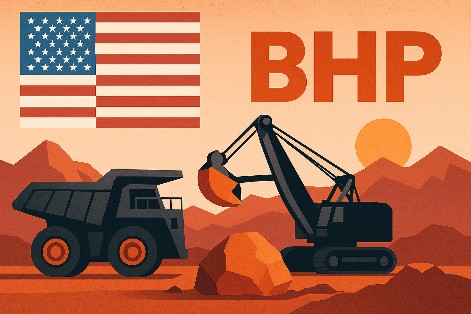 Illustration of copper mining machinery operating in a red desert landscape beneath an American flag, symbolizing BHP’s interest in reopening U.S. copper mines.
