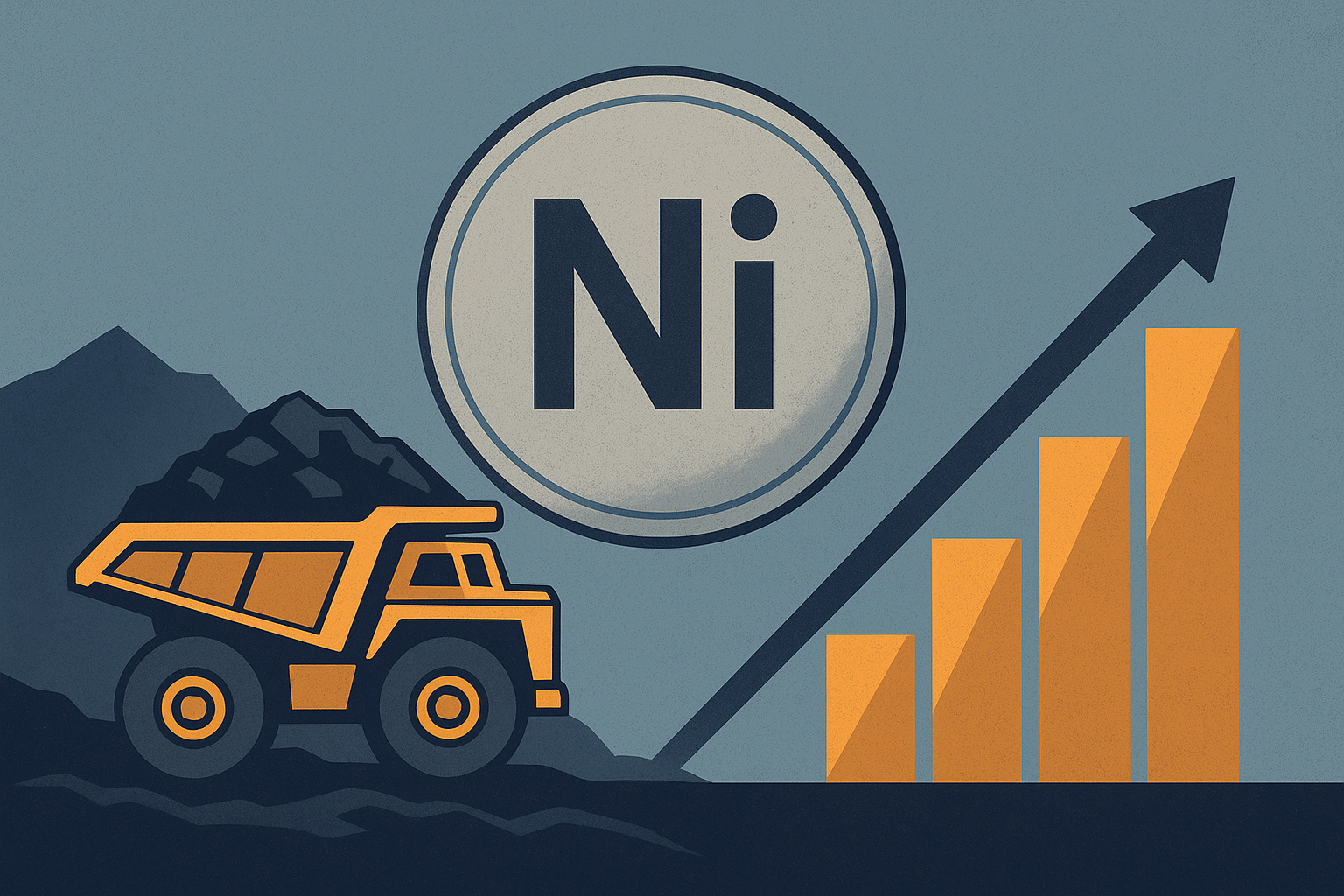 Illustration showing a nickel mining truck, a large “Ni” symbol, and an upward-trending financial graph representing growth and resilience in the nickel sector.