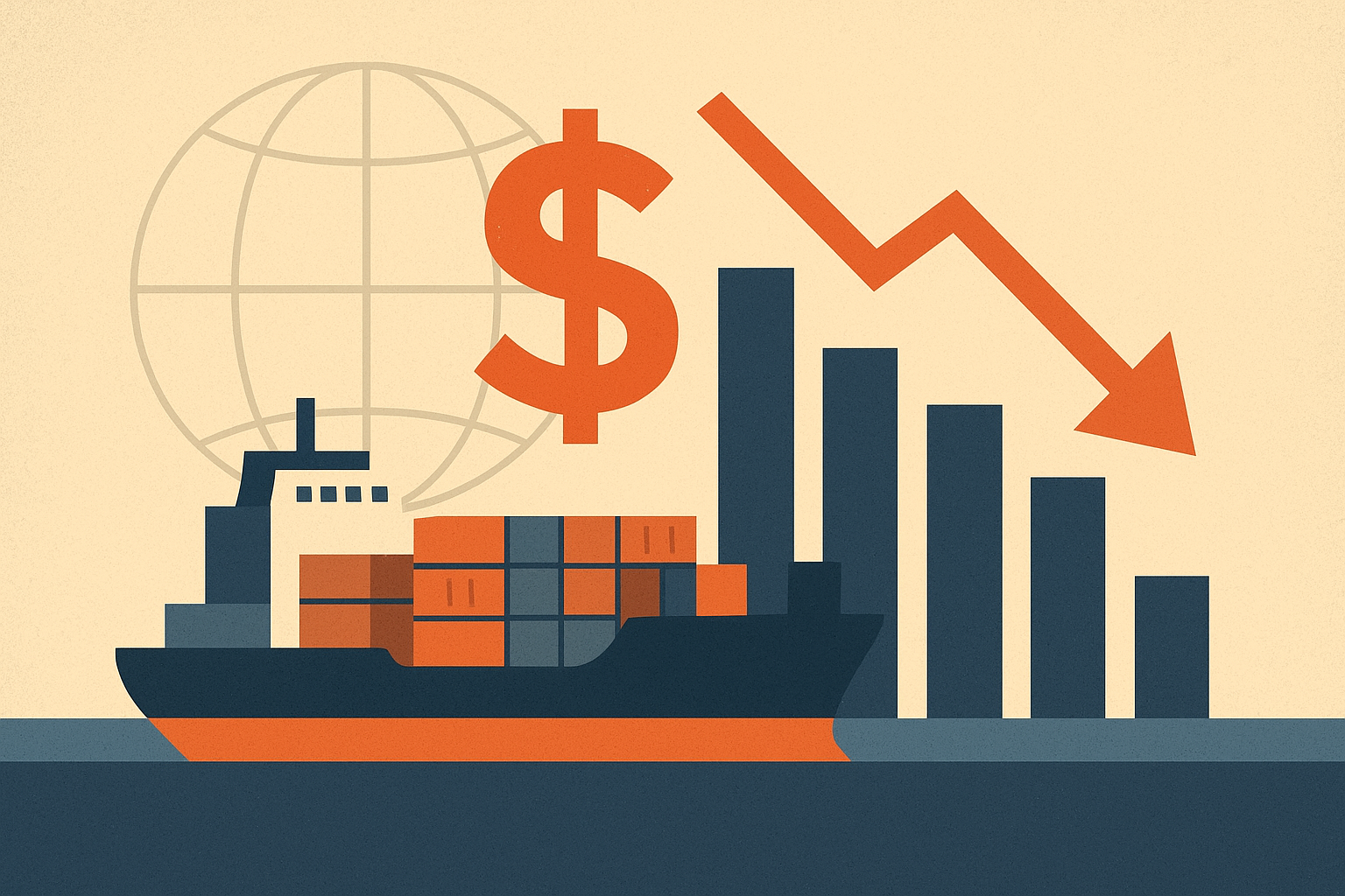 Illustration of a cargo ship carrying containers beside a downward-trending bar chart and red arrow, symbolizing reduced profitability and slowing global commodity trade.