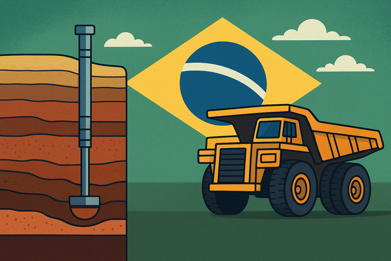 Illustrated cross-section of a potash mine with layered earth and drilling equipment beside a large yellow mining truck, set against the Brazilian flag.
