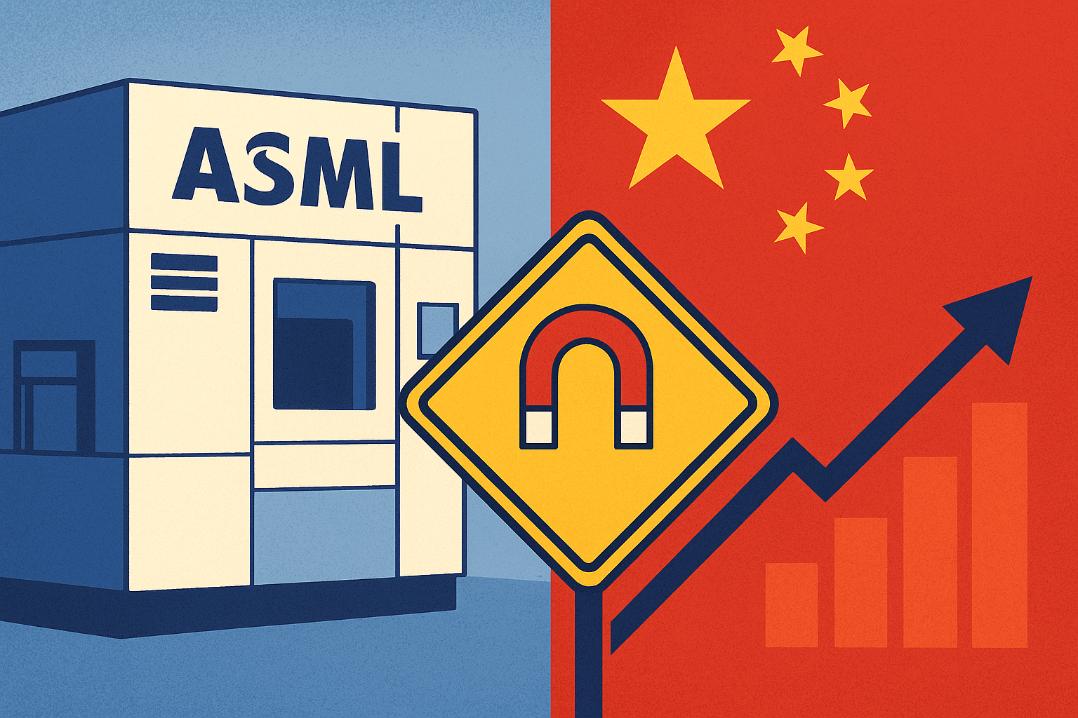 Illustration of an ASML semiconductor machine facing China’s flag with a magnetic warning sign and upward trend arrow symbolizing rare earth export tensions.
