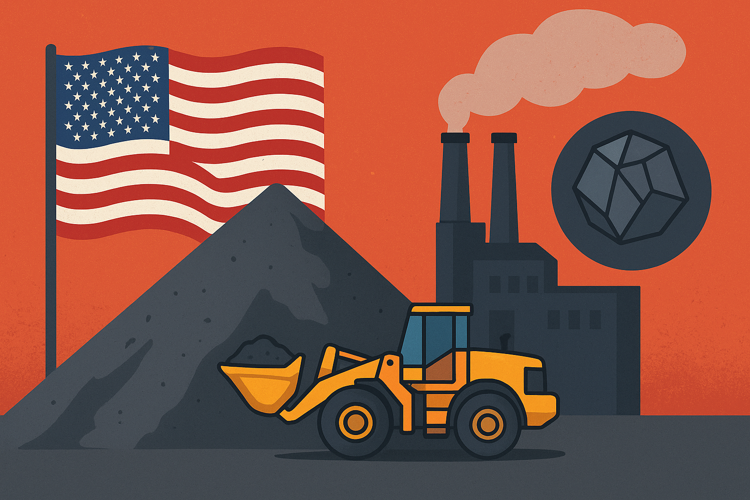 Illustration of a U.S. industrial site with a front-end loader moving graphite beside a factory and American flag under an orange sky.