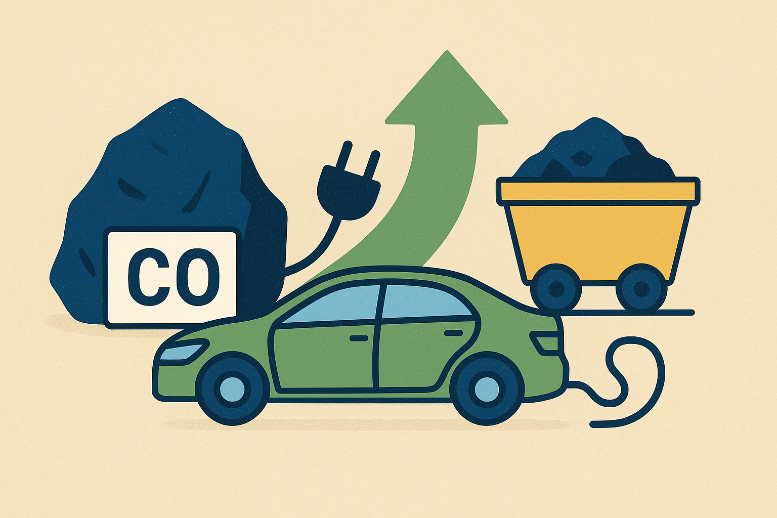 Illustration showing cobalt ore, an electric vehicle, and a mining cart symbolizing the connection between cobalt mining and electric vehicle production.