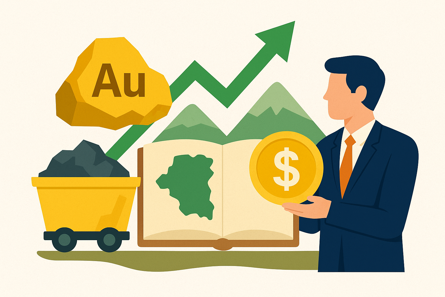 Illustration showing a business professional holding a gold coin beside a mining cart, open exploration map, and green upward arrow symbolizing resource growth and investor optimism.