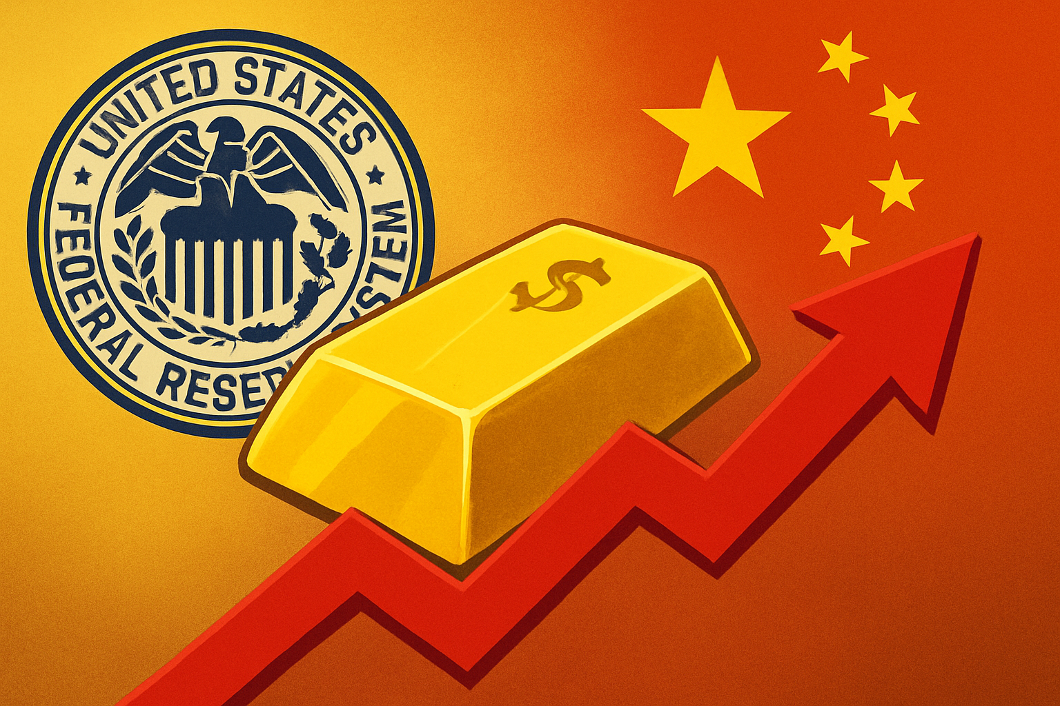 Illustration of a gold bar rising on a red arrow between the U.S. Federal Reserve emblem and the Chinese flag, symbolizing global economic tension and gold’s surge.