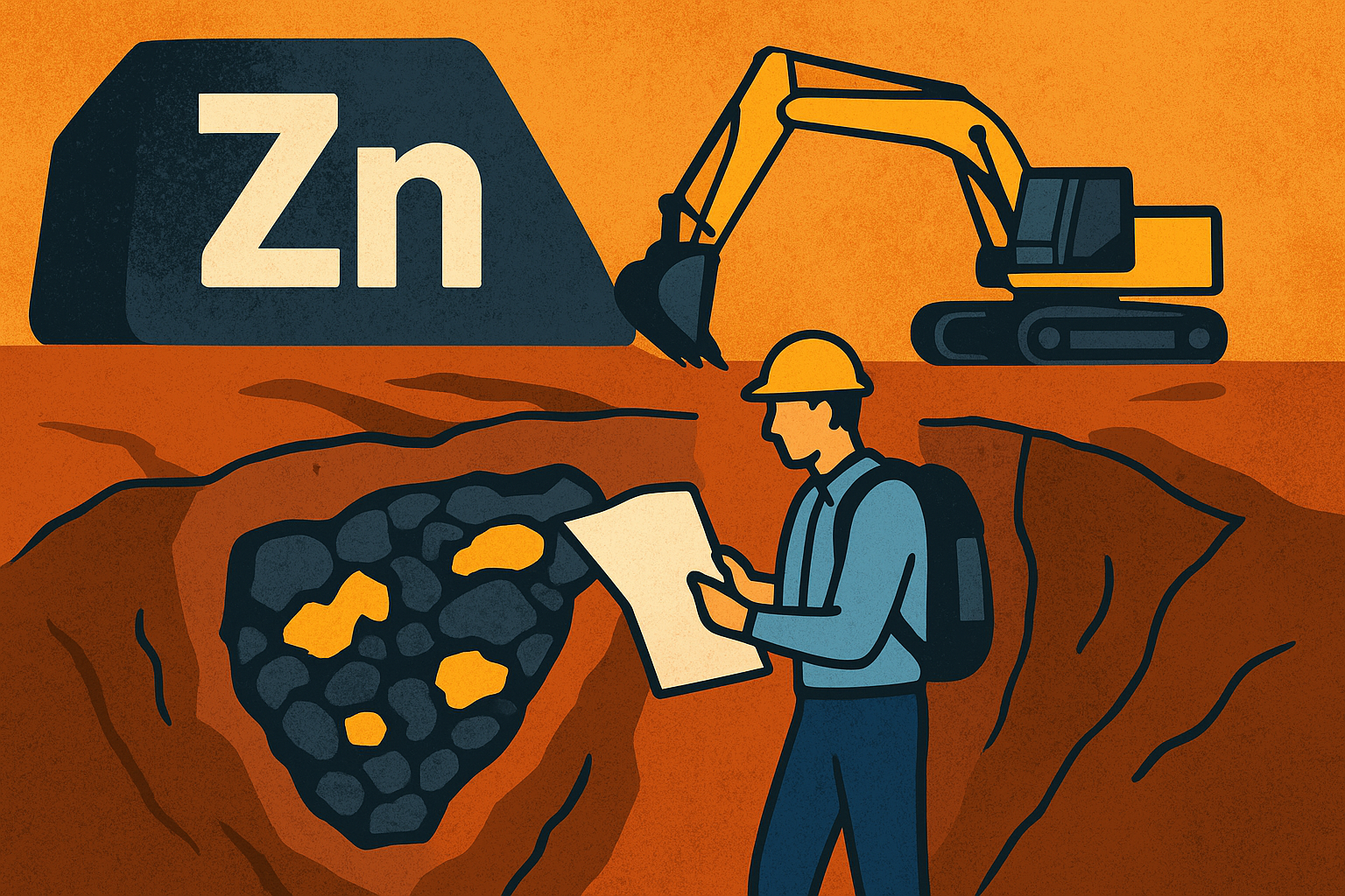 Illustration of a geologist examining a trench with exposed zinc-rich ore, alongside an excavator and a large zinc ingot symbol in the background.
