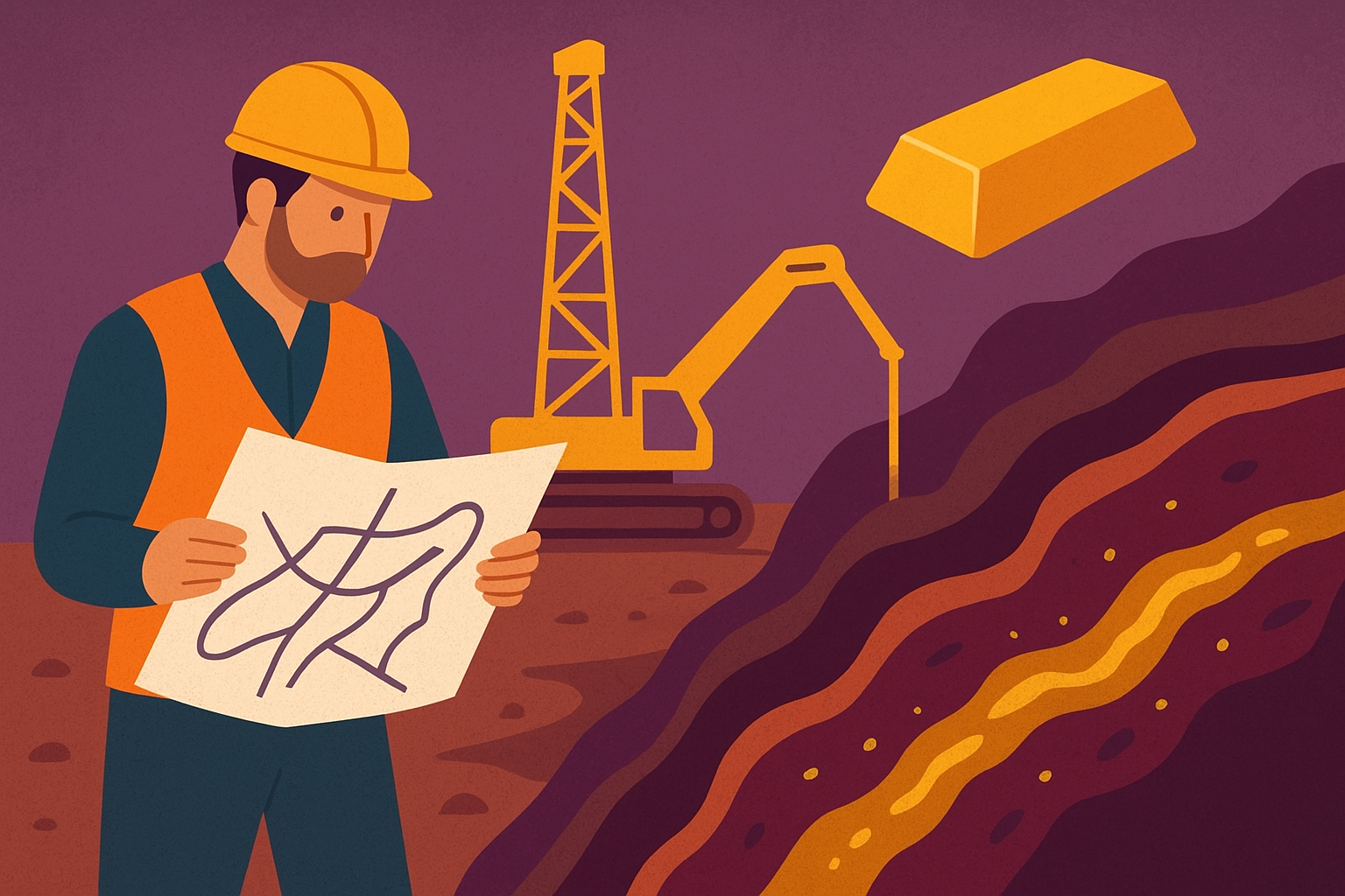 Illustration of a geologist studying a map beside a golden-yellow drilling rig and exposed gold vein under a purple-toned sky.
