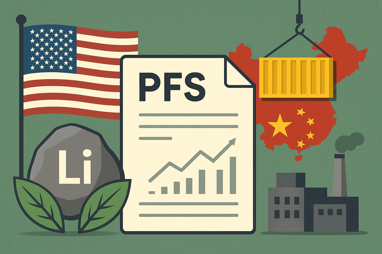 Illustration showing U.S. and China symbols divided by a lithium rock, a PFS report, and industrial elements representing global lithium production and trade.