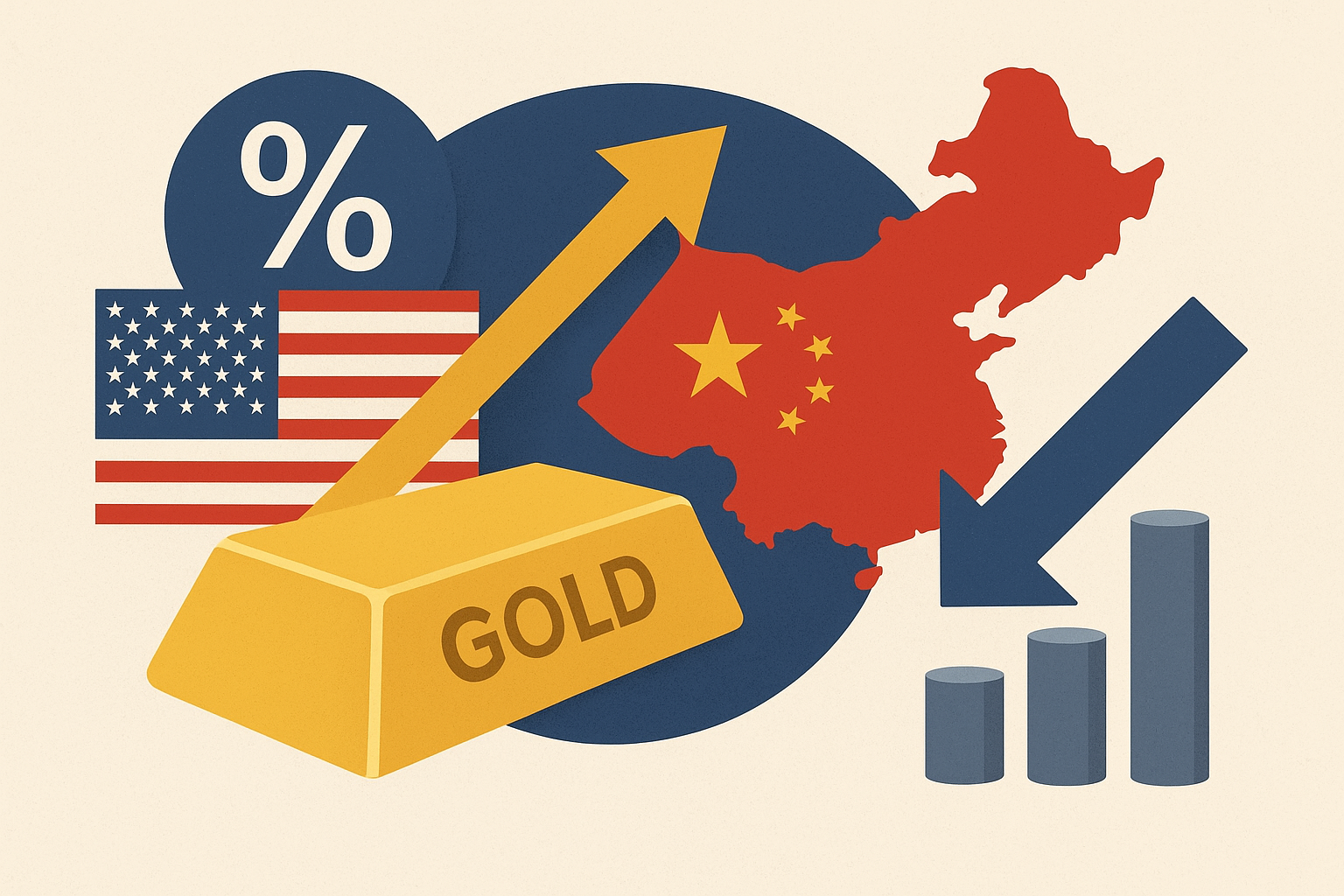 Illustration showing a gold bar rising with an upward arrow between U.S. and China flags, with interest rate and chart symbols in the background.