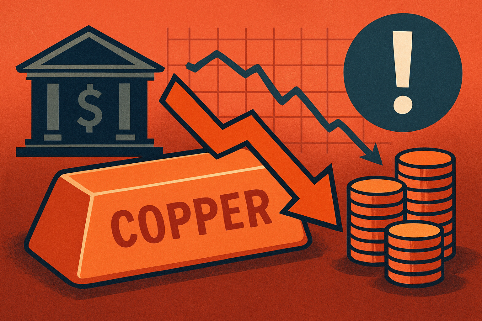 Illustration of a copper bar with a downward arrow, coins, a bank building, and a falling chart symbolizing copper price decline and financial stress.