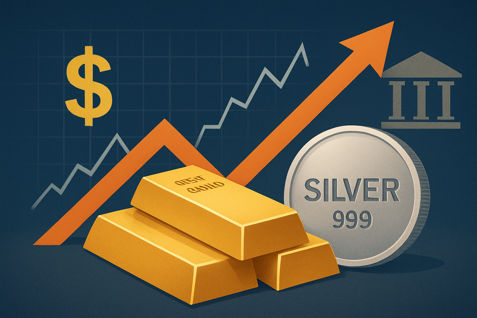Illustration of gold bars and a silver coin with an upward arrow and financial symbols representing rising precious metal prices.