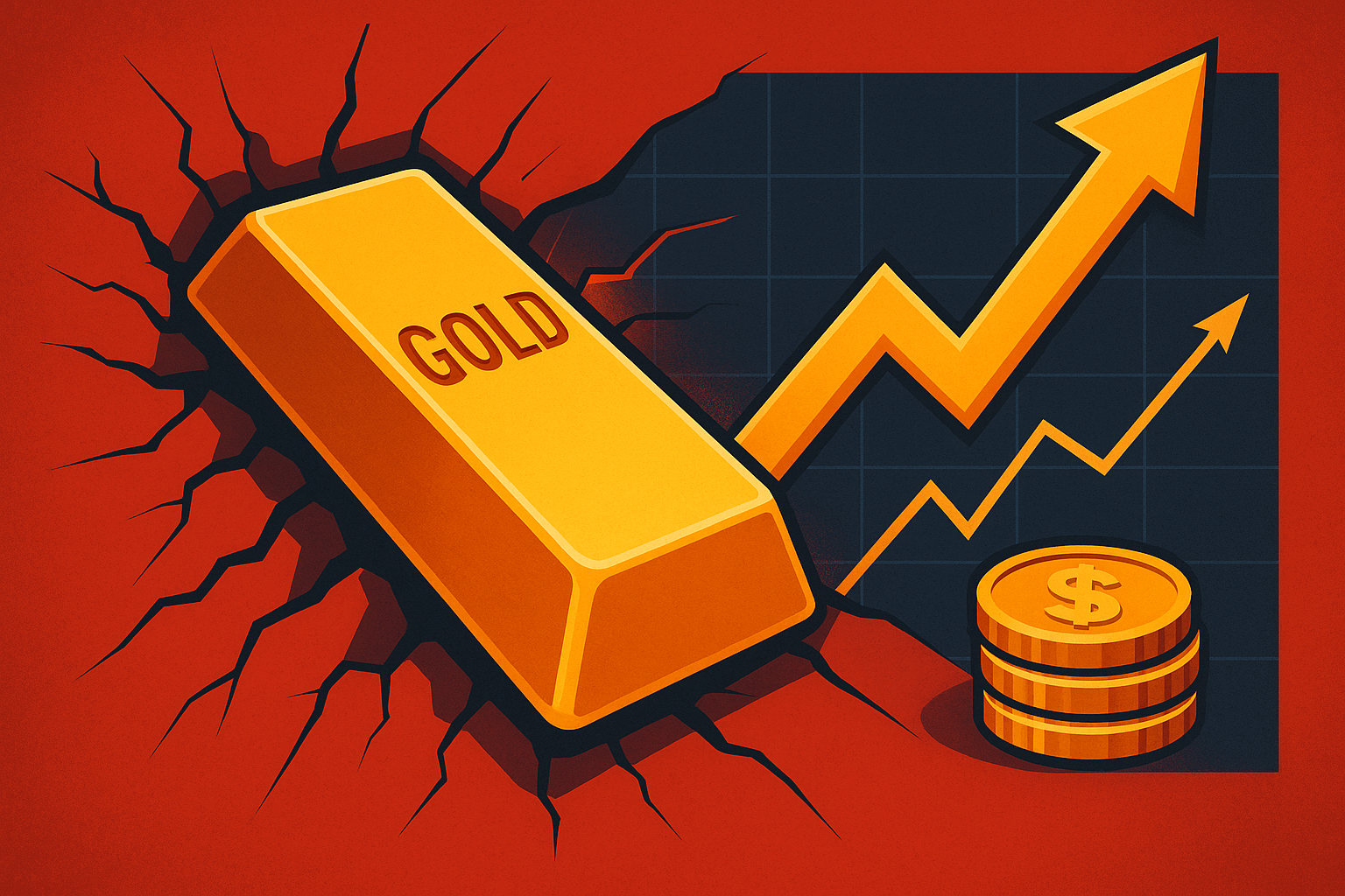 A symbolic illustration showing a gold bar breaking through a red cracked surface with a rising arrow and stacked coins representing gold’s price surge.