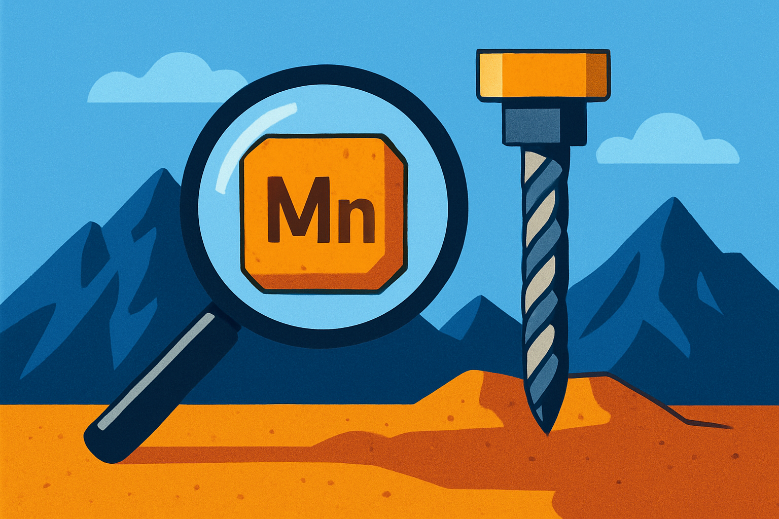 An illustrated scene showing a magnifying glass inspecting a manganese ore sample beside a drill bit, set against rugged mountains and a clear blue sky.