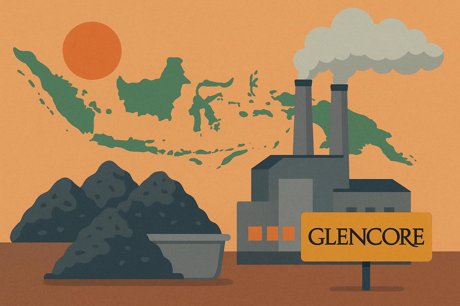 Illustration of Indonesia map with nickel ore piles, a smelter with smokestacks, and a Glencore sign, symbolizing rising nickel imports and global asset shifts.