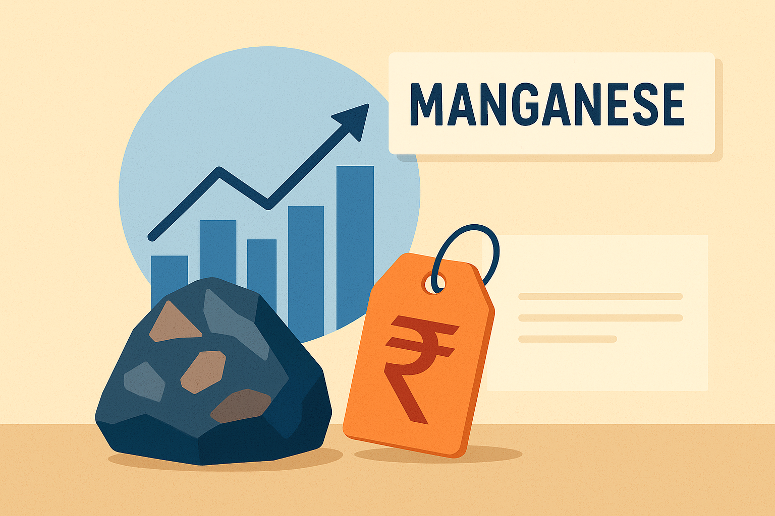 Close-up of manganese ore with graphical overlay showing price changes and market trends