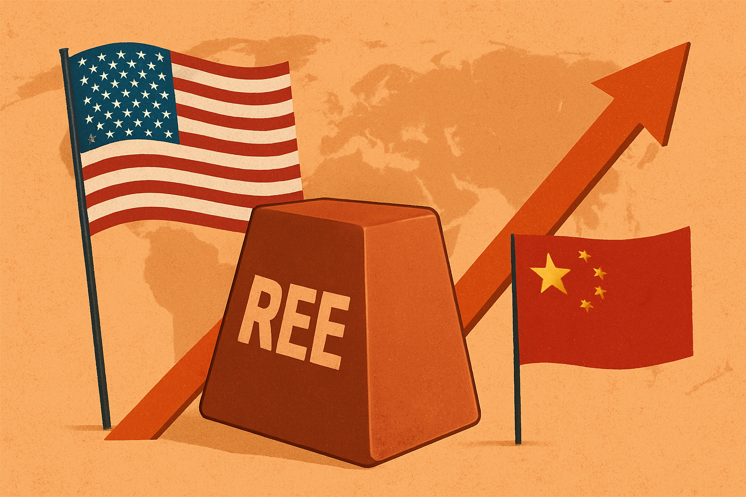 Illustration of a rare earth elements bar between U.S. and Chinese flags with an upward arrow, symbolizing the surge in rare-earth markets amid escalating export-control tensions.