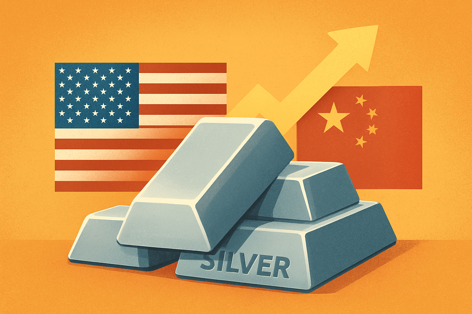 Illustration depicting symbolic silver bars and cargo ships transporting silver between the U.S., China, and London, representing global trade and market rebalancing.
