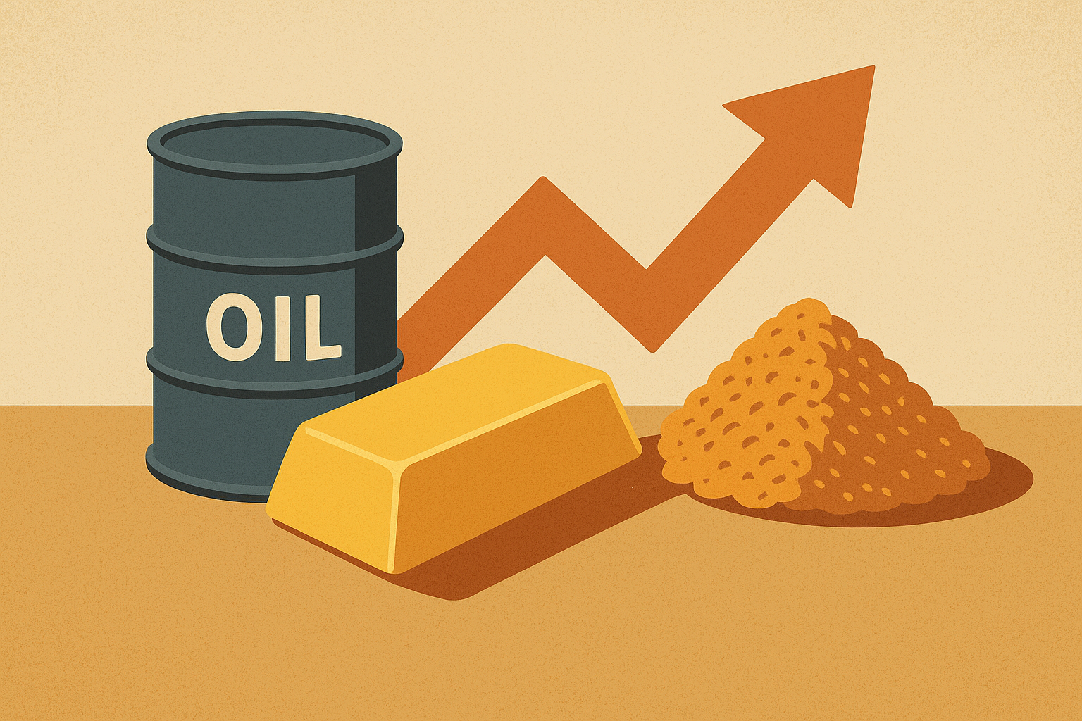 A digital illustration showing gold and silver bars alongside crude oil barrels, wheat, and copper coils representing major global commodities.