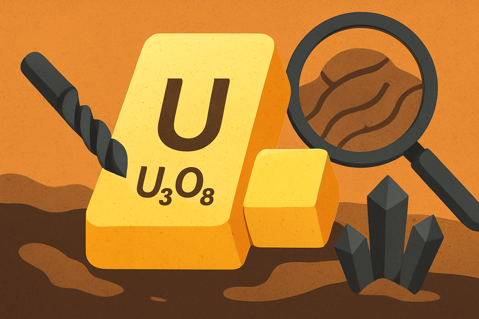 A digital illustration showing uranium ore blocks labeled “U₃O₈,” a drill bit, magnifying glass, and dark crystals, symbolizing uranium exploration and mineral discovery.