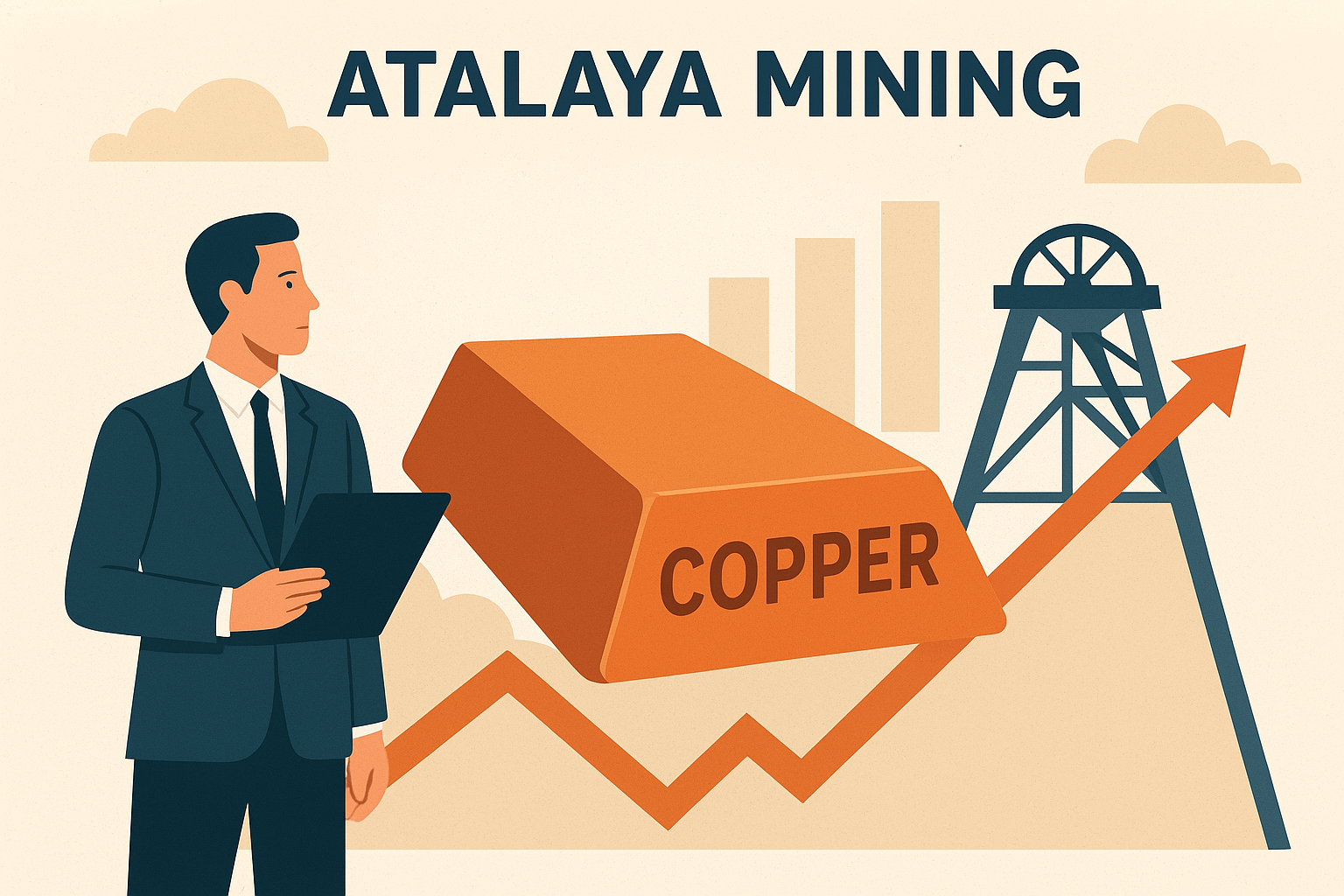 An illustrated businessman examining a copper ingot with an upward arrow and mining equipment in the background, symbolizing Atalaya Mining’s copper production growth.