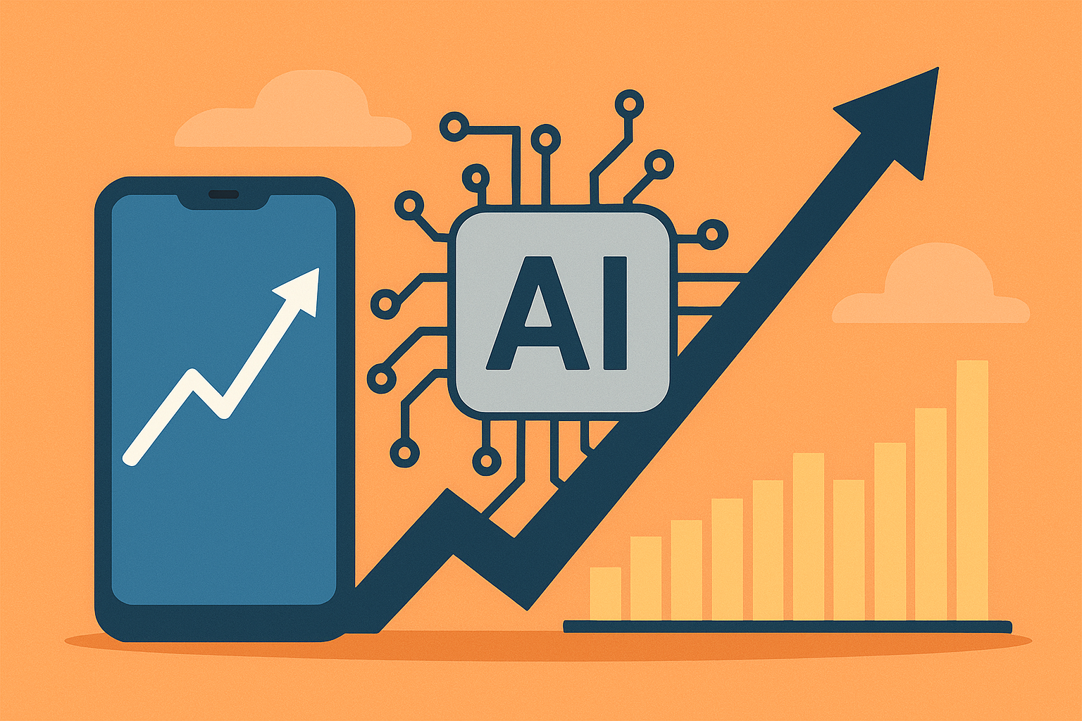 Illustration showing an AI chip, smartphone with an upward-trending stock graph, and rising bar chart symbolizing growth in technology and AI markets.