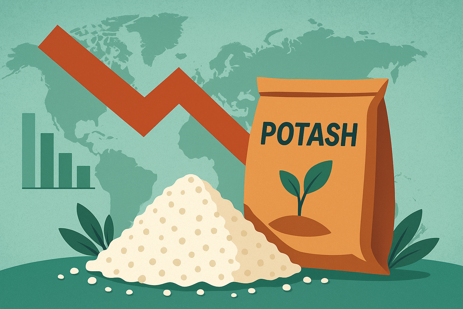 Illustration of a potash bag beside a pile of fertilizer granules with a red downward arrow over a world map, symbolizing falling potash prices.