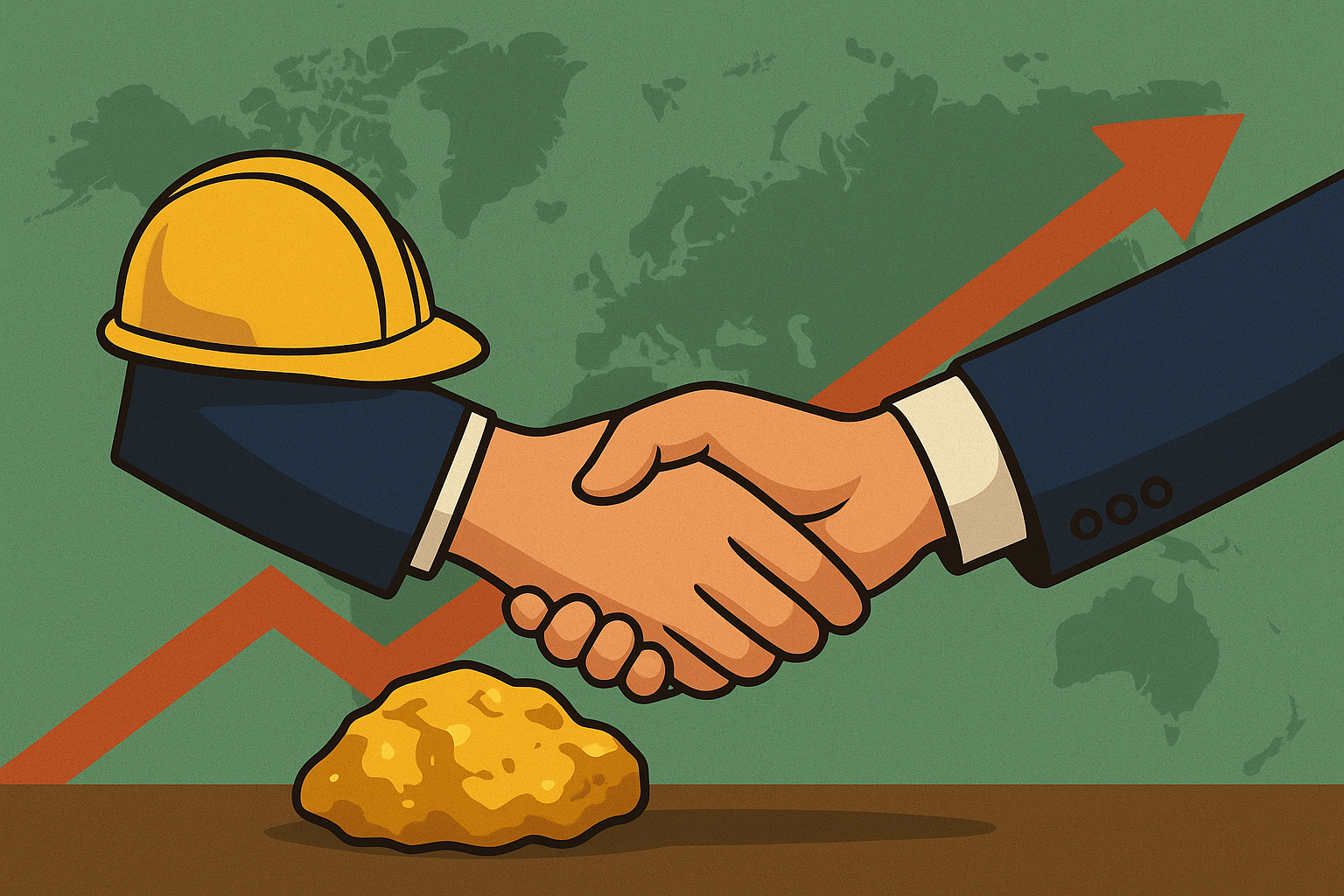Illustration showing a handshake between a miner wearing a hard hat and a businessperson, with a gold nugget below and an upward arrow on a world map background symbolizing growth.
