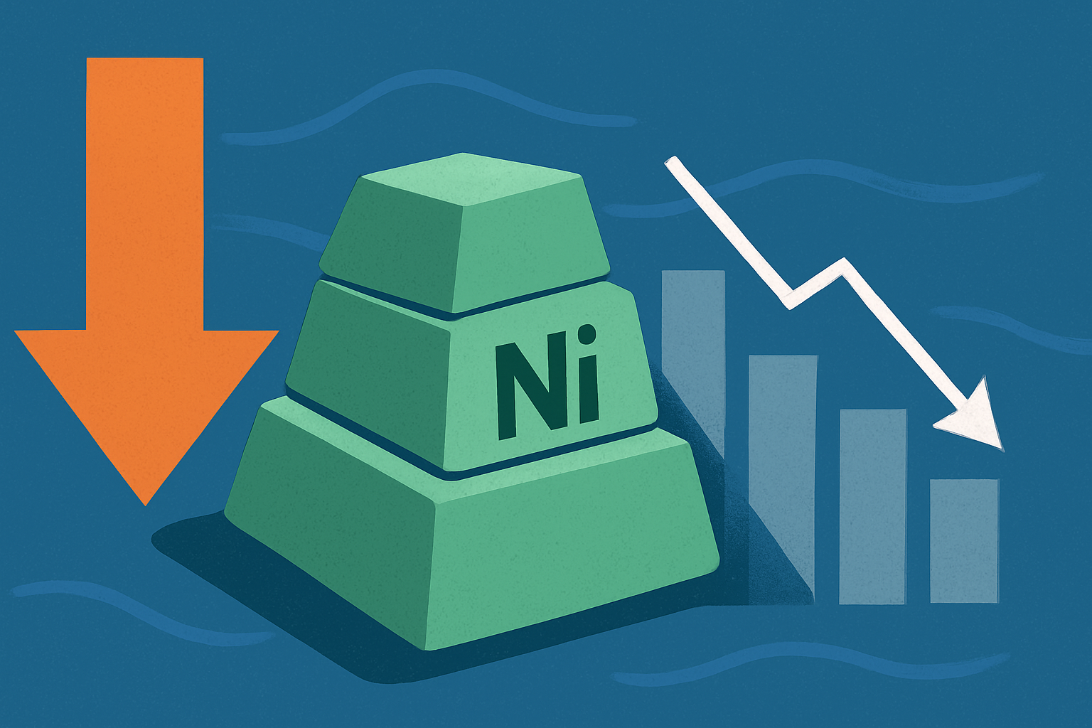 Illustration showing nickel ingots, a downward arrow, and a declining graph symbolizing the drop in nickel prices due to market oversupply.
