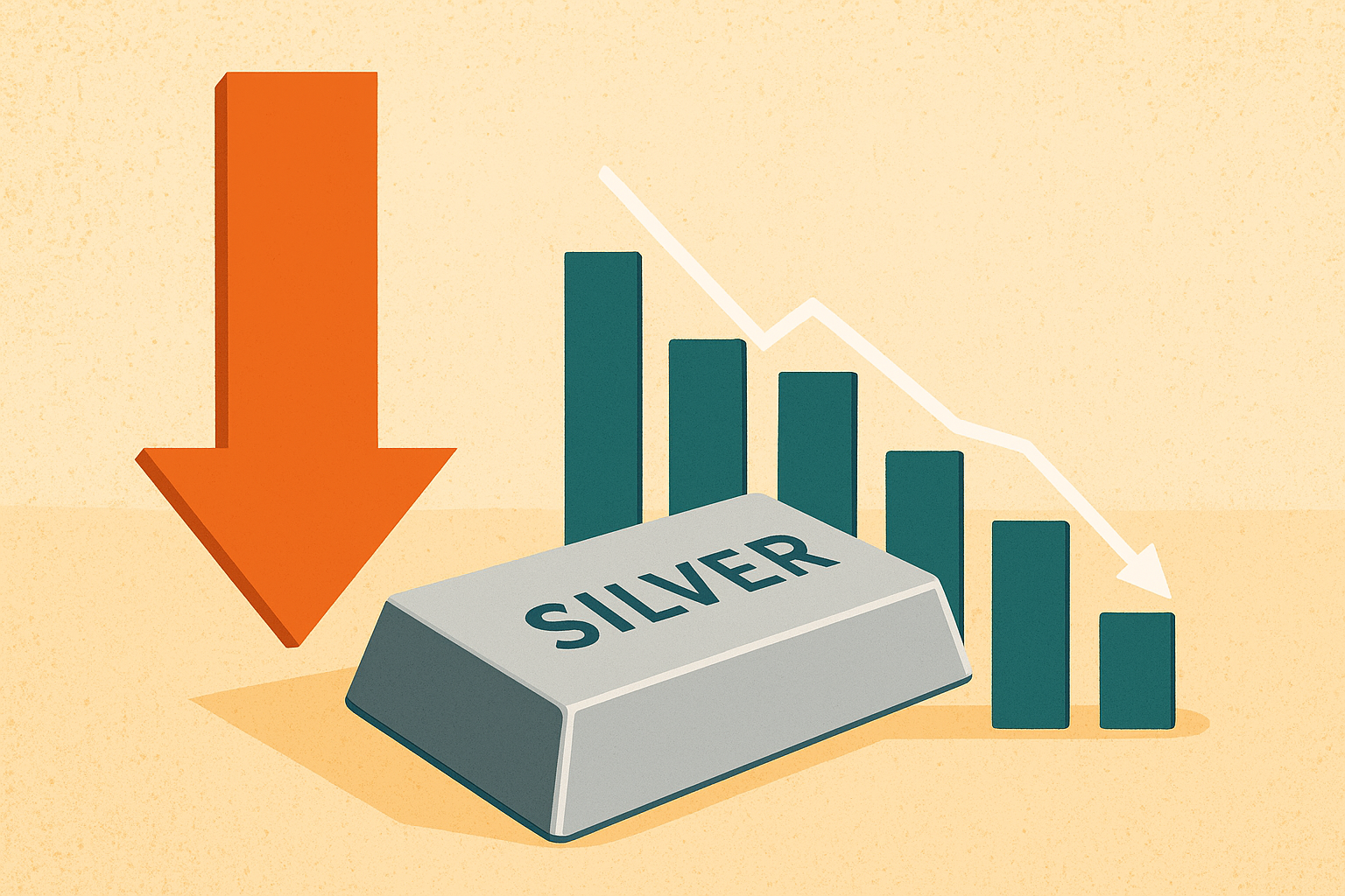 A digital illustration showing a silver bar, a red downward arrow, and declining bar charts, symbolizing a fall in silver prices.