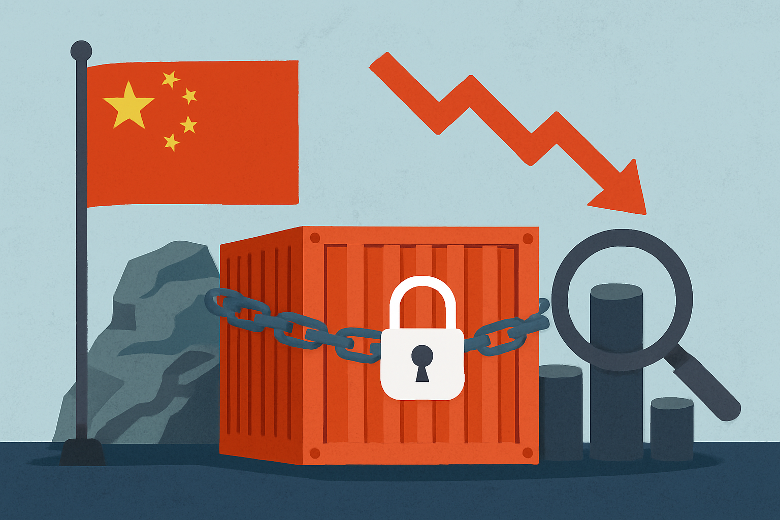 A digital illustration depicting China’s influence over global rare-earth supply chains, showing glowing metal elements, export containers, and a stylized world map.