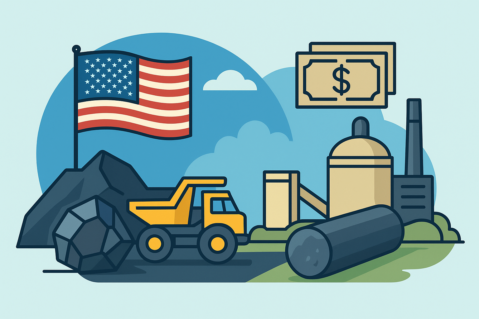Illustrated scene showing a U.S. flag beside a graphite mine, dump truck, and processing plant, symbolizing American investment in graphite production and supply chain independence.