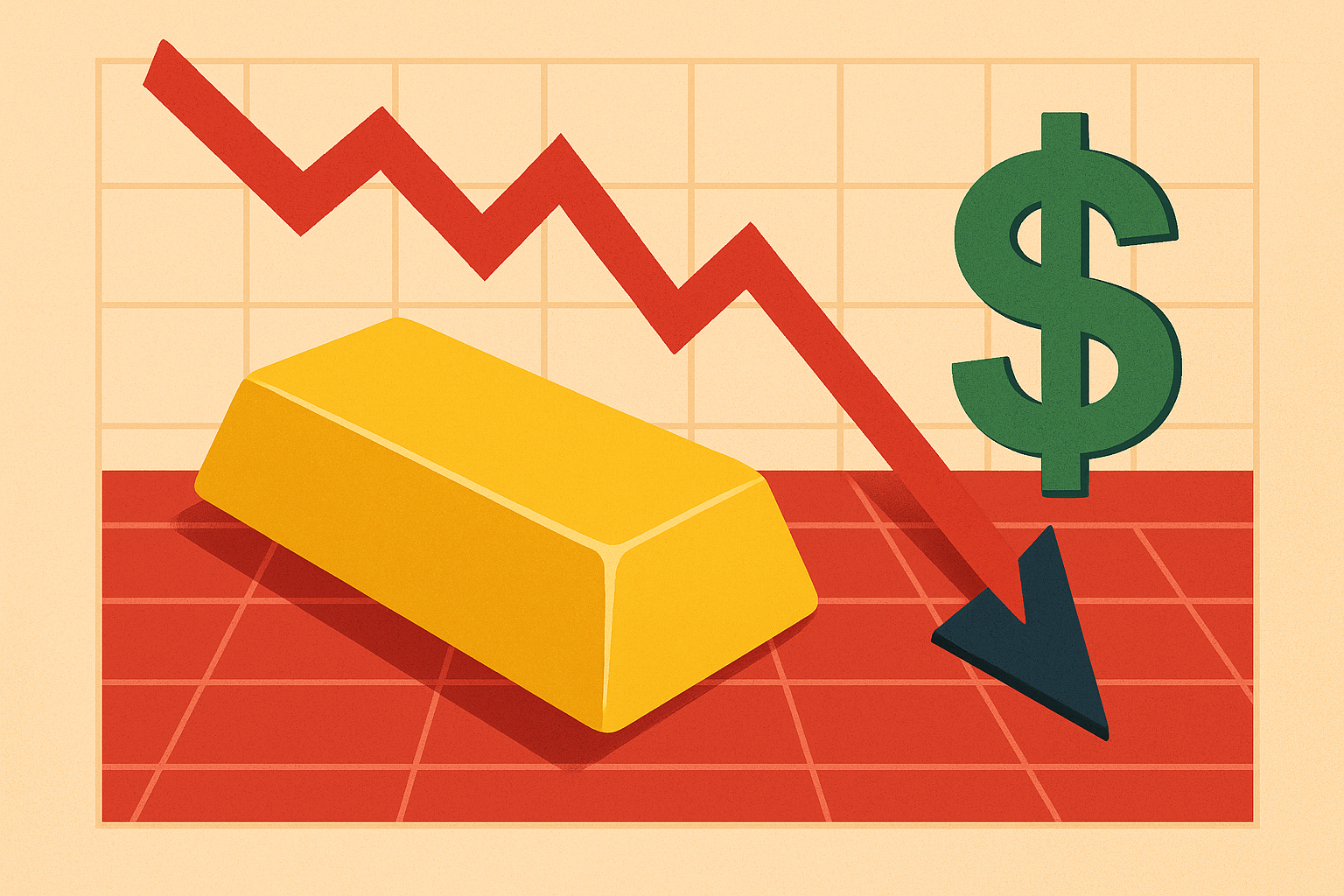 A gold bar lies on a red financial chart showing a steep downward arrow, symbolizing falling gold prices alongside a rising green dollar symbol.