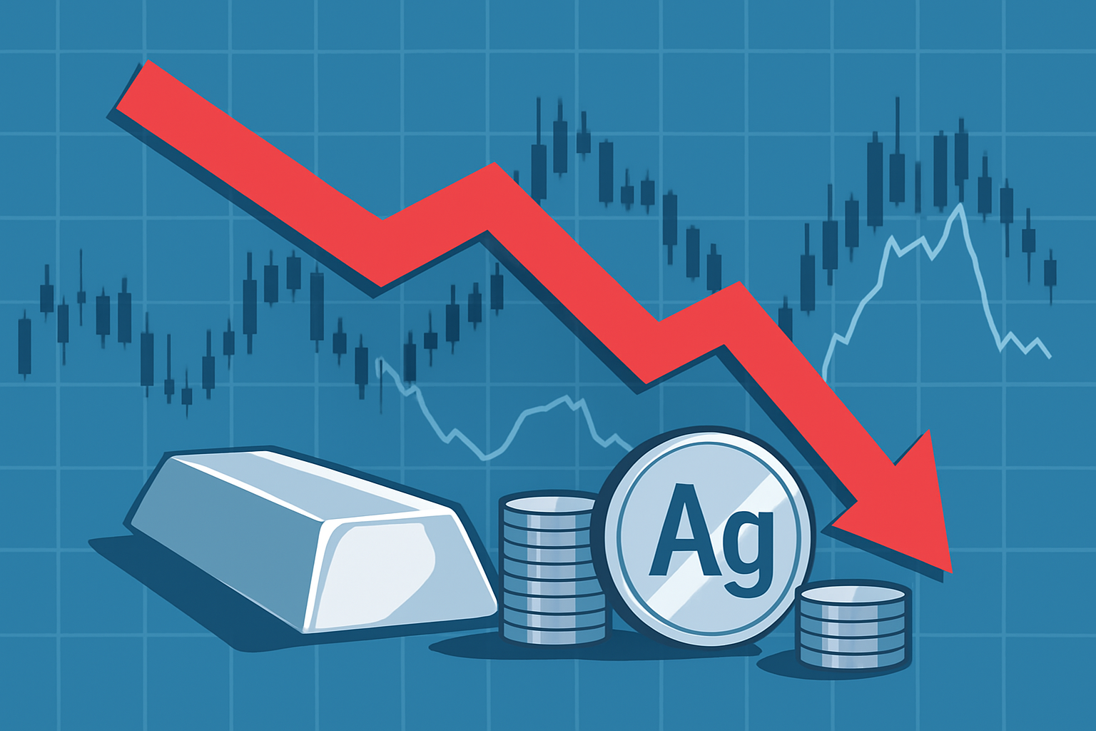Illustration of silver bars and coins with a red downward arrow and market chart, symbolizing a sharp decline in silver prices.