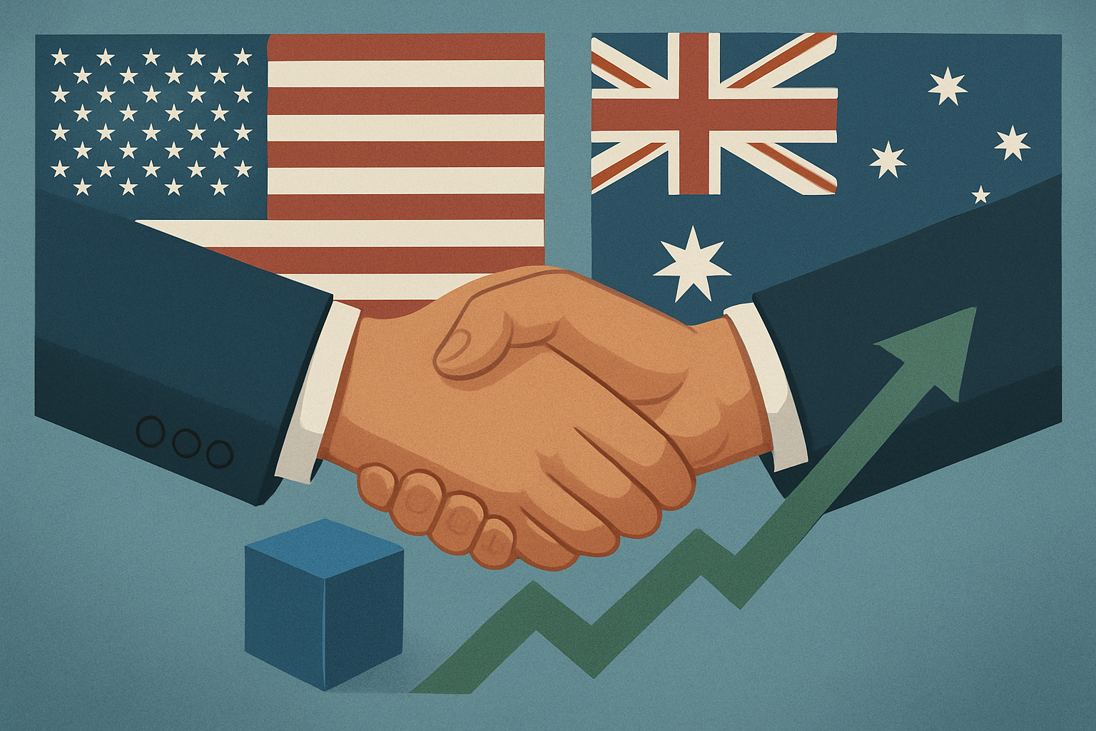 A symbolic digital illustration showing a handshake between representatives of the United States and Australia, with both national flags in the background, a cobalt-blue cube, and an upward green arrow on a blue-gray backdrop.