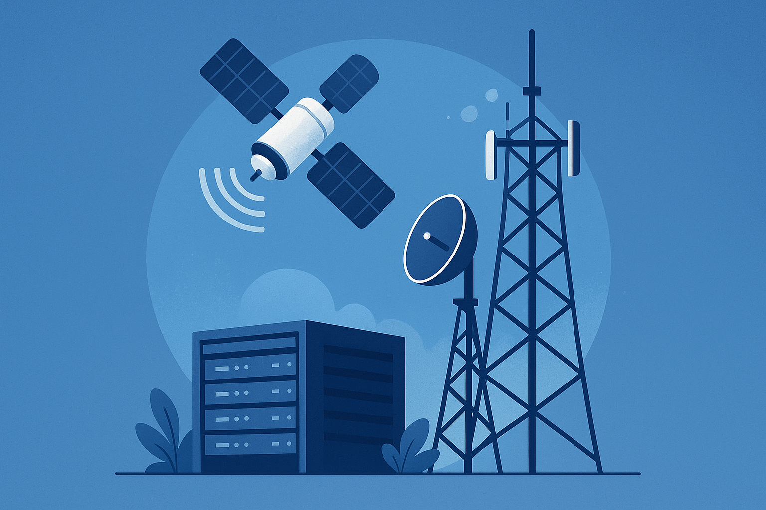 Illustration showing a satellite, communication tower, and data center representing global AI infrastructure connectivity.