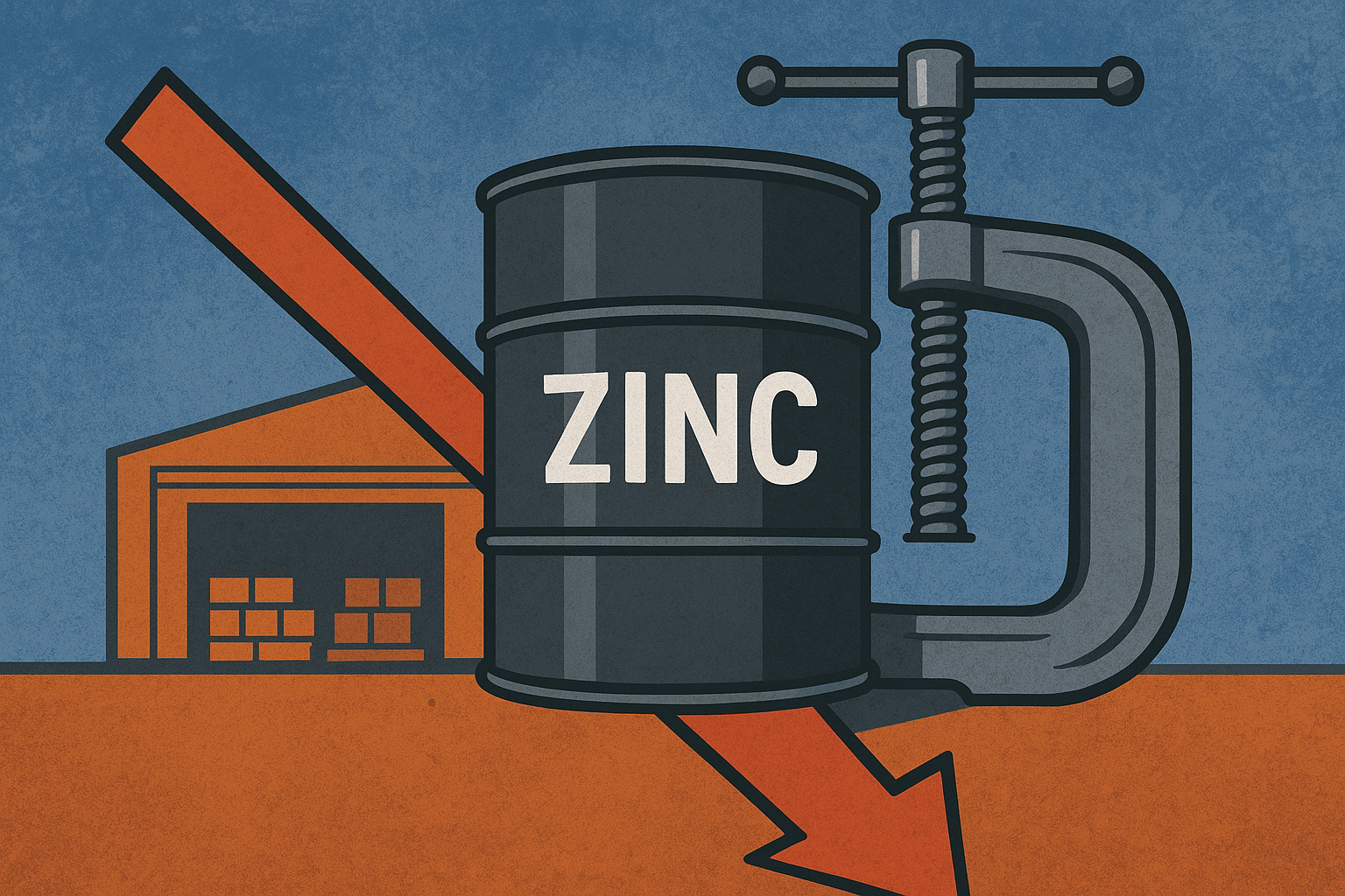 A symbolic illustration showing a zinc barrel being compressed by a metal clamp, representing market pressure and supply shortage.