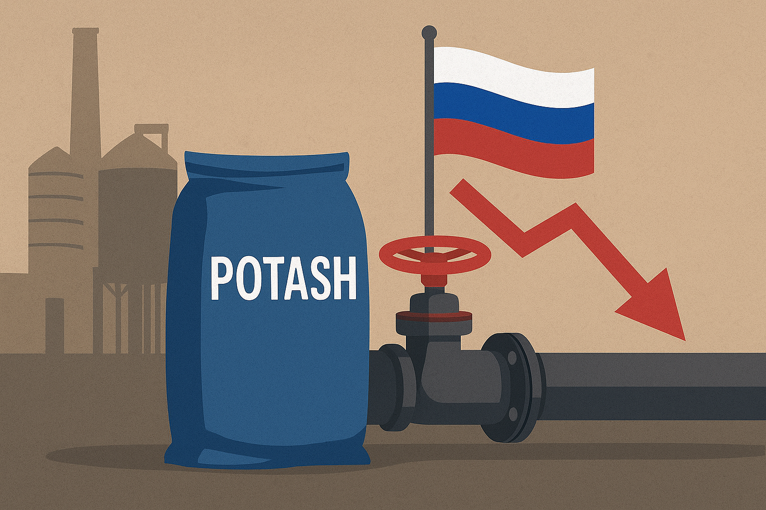 A symbolic illustration showing a potash fertilizer bag beside an industrial pipeline with the Russian flag and a downward red arrow indicating market volatility.
