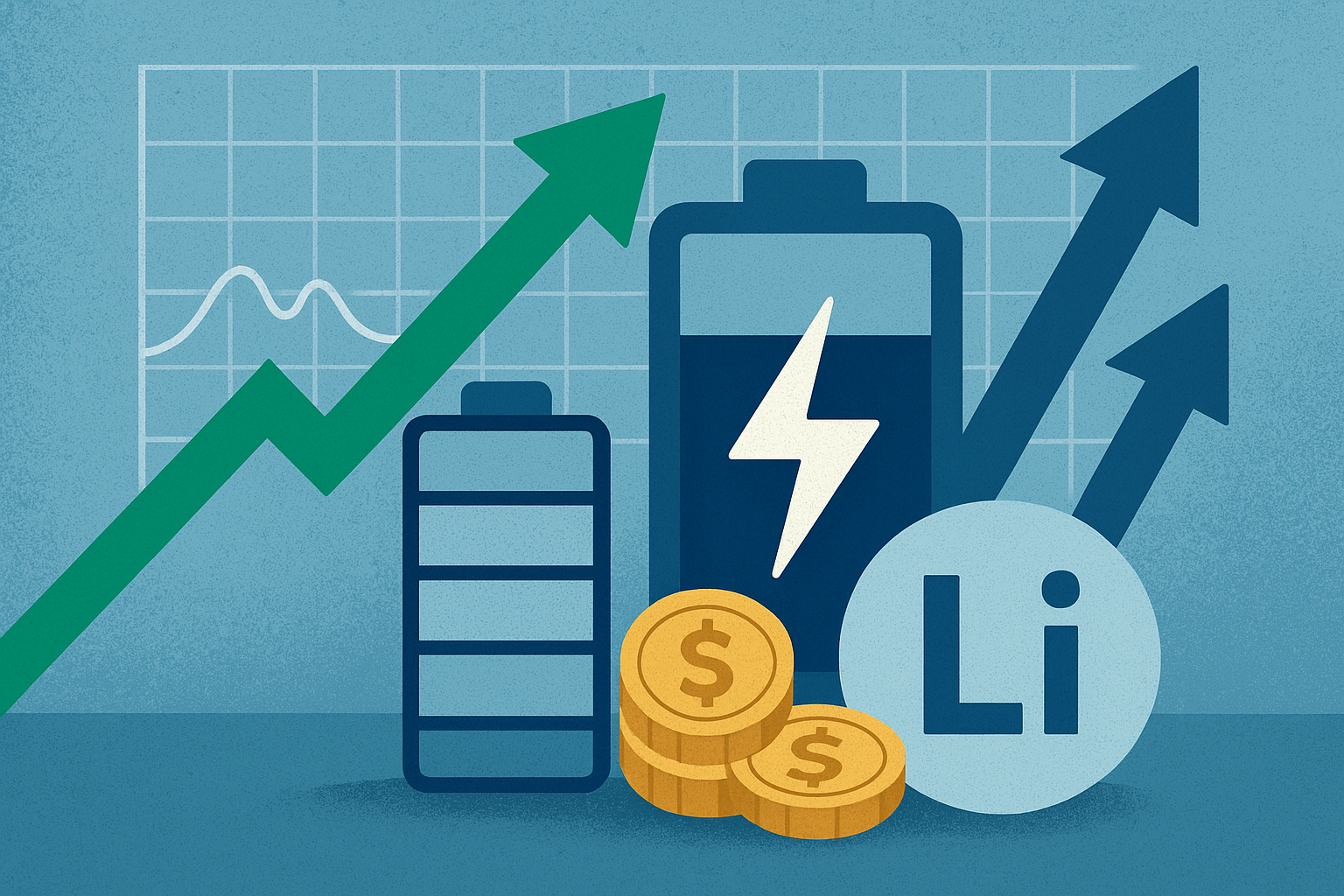 Symbolic illustration showing lithium batteries, coins, and upward arrows representing growth and volatility in the lithium market.