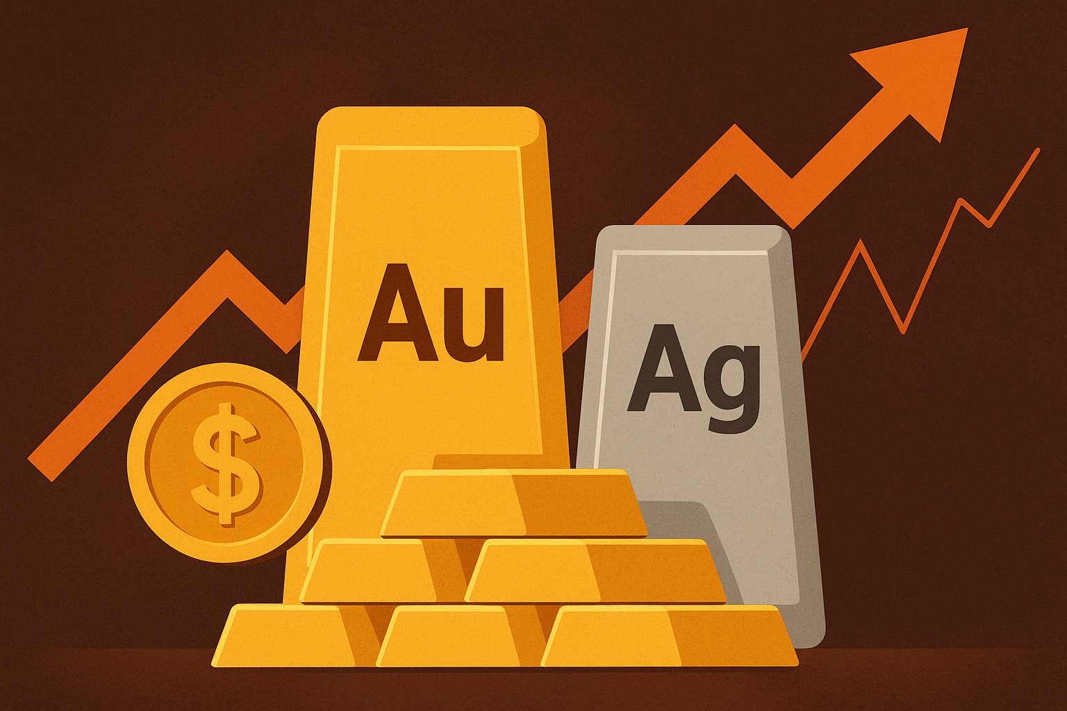 Digital illustration showing gold and silver bars, a dollar coin, and an upward arrow symbolizing price volatility and investor sentiment in the precious metals market.